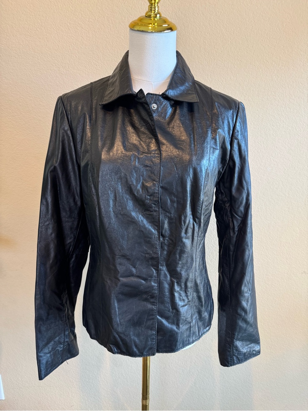 Y2K Classique Entier Black Leather Jacket - Womens S Soft Lightweight Snap Butto